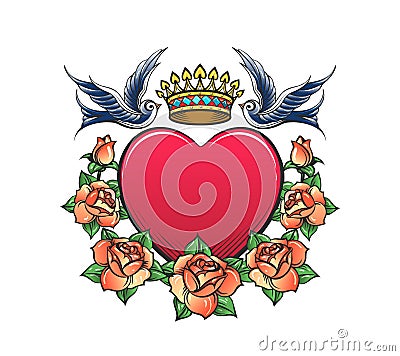 Heart with Crown swallows and rose Wreath Tattoo Vector Illustration