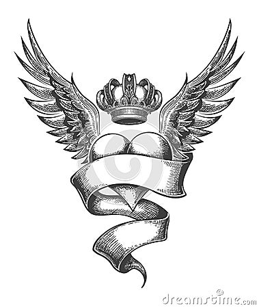 Heart with Crown and Wings Tattoo in Engraving Style. Vector illustration Vector Illustration