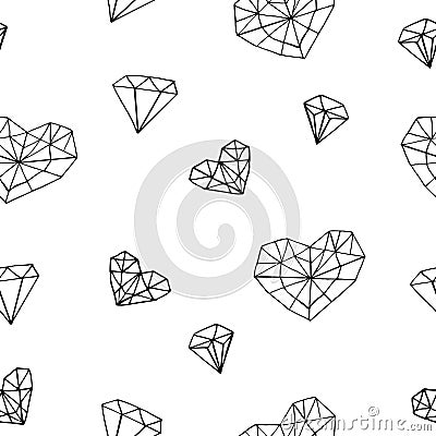 Heart crystal seamless pattern. wallpaper, wrapping paper, textile. sketch hand drawn doodle style. minimalism, monochrome. love, Vector Illustration