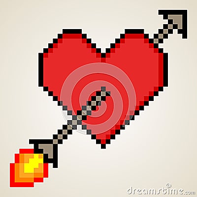 Heart with cupids arrow pixel art Vector Illustration