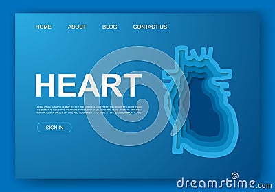 Heart 3d paper cut website template. Cardiology paper cut illustration. Internal organ symbol for landing page Vector Illustration