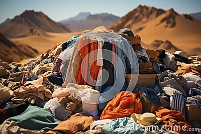 In the heart of the desert, a monument to excess stands tall; used clothes create an unsettling tableau of consumption. Stock Photo