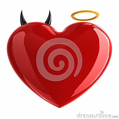 Heart with devil and angel symbols isolated on white. Cartoon Illustration