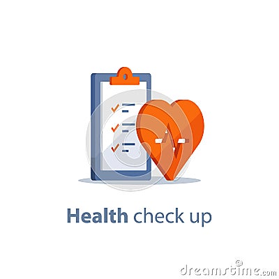Heart diagnostic, health check up, electrocardiography service, medical checkup clipboard, hypertension risk Vector Illustration