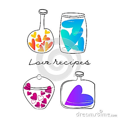 Heart of different colors in glass vessels. Concept love recipe. Valentine`s day Vector Illustration