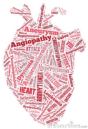 Heart disease. Cardiovascular disease. Heart of words. Arrythmia Stock Photo