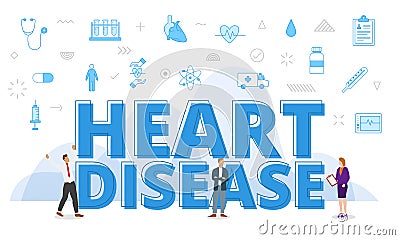 heart disease concept with big words and people surrounded by related icon with blue color style Cartoon Illustration