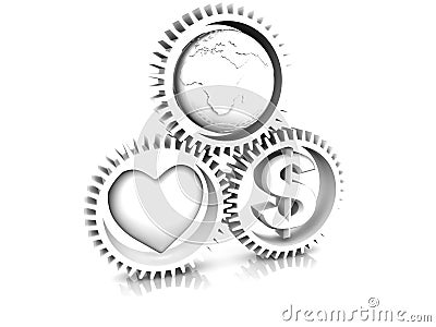 Heart, earth, money in gear Cartoon Illustration