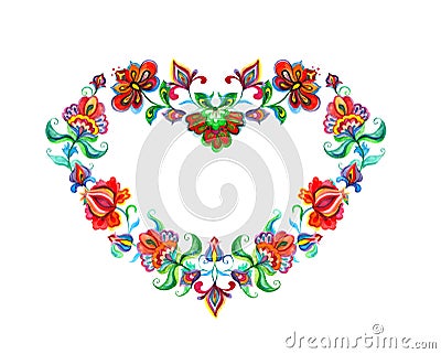 Heart with eastern european decorative ethnic flowers. Slavic watercolor Stock Photo