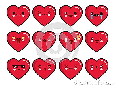 Heart emoticons set. Smiley icons vector set. Happy, sad, upset, crying, love, cool, star, kiss, sleepy and other Vector Illustration