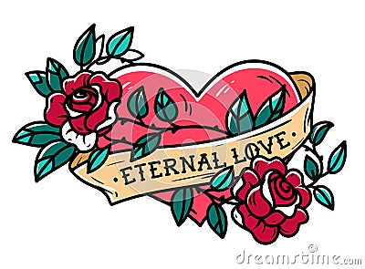 Heart entwined in climbing rose tattoo. Tattoo heart with ribbon and roses. Eternal love. Forever love Vector Illustration