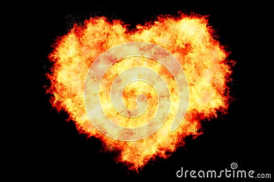 Heart filled made by burning flames on black background with fire particles, valentine day and love Stock Photo