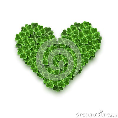 Heart filled with Realistic Clover leaves for St. Patricks Day holiday. Shamrock grass symbol. Lucky flower for Irish Vector Illustration