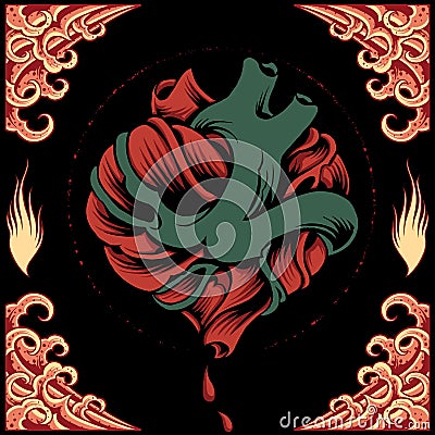 Heart, Fire and Wave Frame Vector Illustration