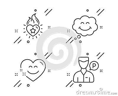 Heart flame, Smile and Smile chat icons set. Valet servant sign. Love fire, Comic chat, Heart face. Vector Vector Illustration