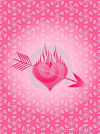 Vector heart in flames with arrow. Pink vector heart reflection and pattern illustration for love, valentine and wedding. Vector Illustration