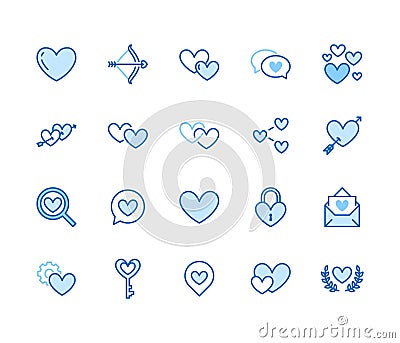 Heart flat line icons set. Love, dating site vector illustrations two hearts shape, romantic date, private message Vector Illustration