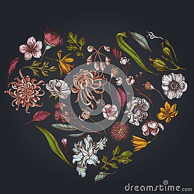 Heart floral design on dark background with japanese chrysanthemum, blackberry lily, eucalyptus flower, anemone, iris Vector Illustration