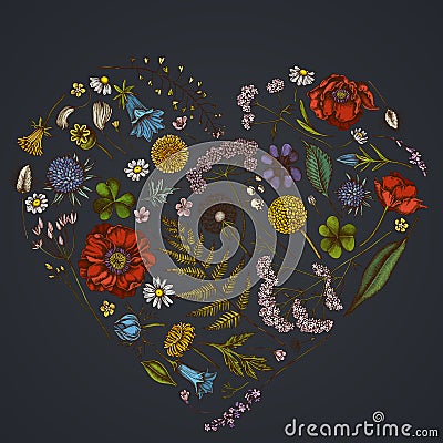 Heart floral design on dark background with shepherd`s purse, heather, fern, wild garlic, clover, globethistle, gentiana Vector Illustration