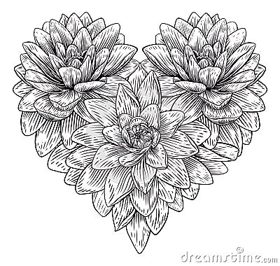 Heart Flower Love Floral Engraved Etching Vector Illustration