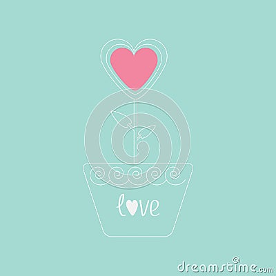 Heart flower in pot. Pink and blue love card. Flat Vector Illustration
