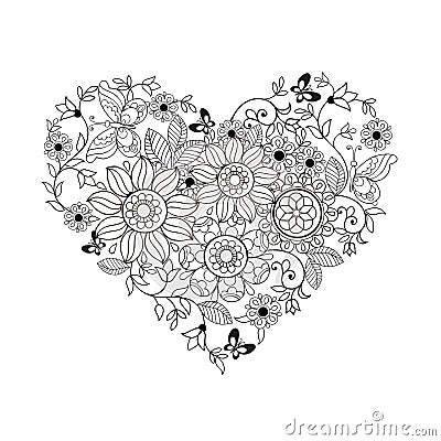 Heart of flowers and butterflies for coloring books for adults and older children. Vector Illustration