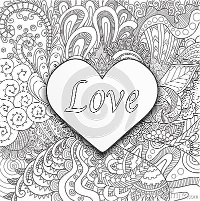 Heart on flowers for coloring books for adult or valentines card Vector Illustration