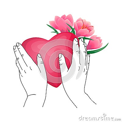 a heart and flowers and hands holding it. Cartoon Illustration