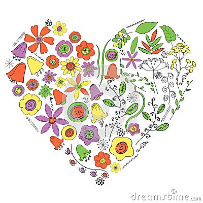 Heart of flowers and plants on a white background Vector Illustration