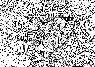 Heart on flowers zendoodle design for adult coloring book page. Stock Vector Vector Illustration