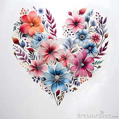 Heart formed from colorful flowers on a white isolated background. Heart as a symbol of affection ave Vector Illustration