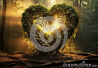 Heart formed by tree branches and leaves on a forest trail. Environment concept. Generative AI Stock Photo