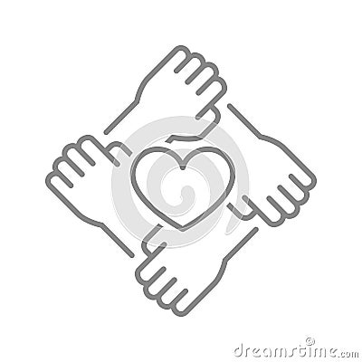 Heart and four hands line icon. Donation, solidarity symbol Vector Illustration