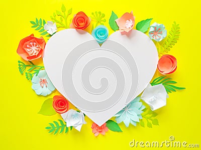 Heart frame with color paper flower Stock Photo