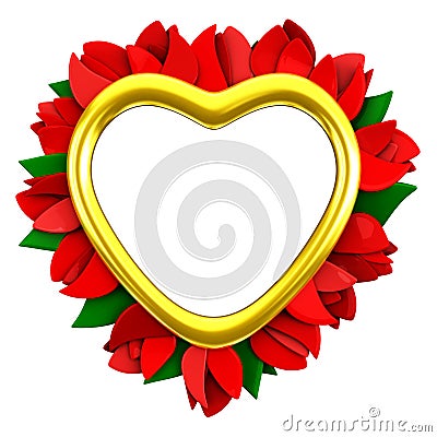 Heart frame with red flowers, 3d Cartoon Illustration