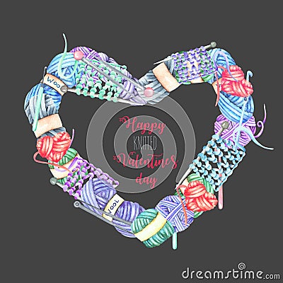 Heart frame with watercolor knitting elements: yarn, knitting needles and crochet hooks Stock Photo