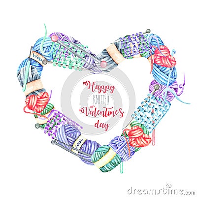 Heart frame with watercolor knitting elements: yarn, knitting needles and crochet hooks Stock Photo
