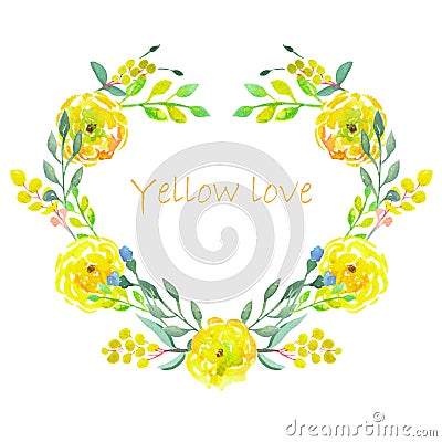 Heart frame of watercolor yellow flowers Stock Photo