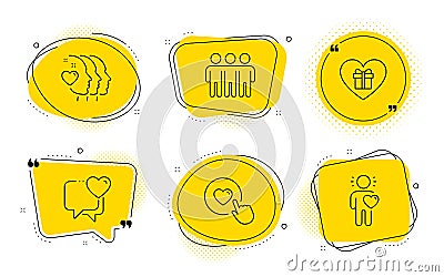 Romantic gift, Like button and Friendship icons set. Heart, Friends couple and Friend signs. Vector Vector Illustration