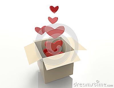 Heart gift open with fly hearts Stock Photo