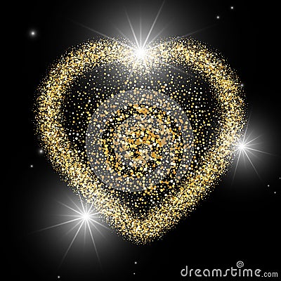 Heart with glitter confetti on black background. Gold sparkles heart. Magic star dust. Glow luxury golden background. Valentines Stock Photo