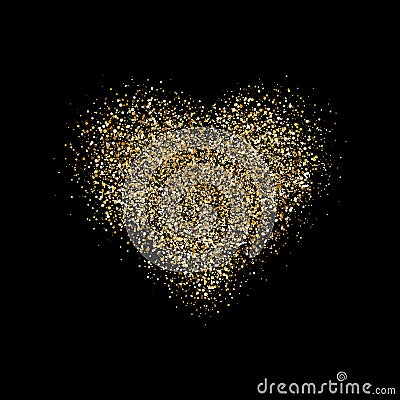 Heart with glitter confetti on black background. Gold sparkles heart. Magic star dust. Glow luxury golden background Vector Illustration