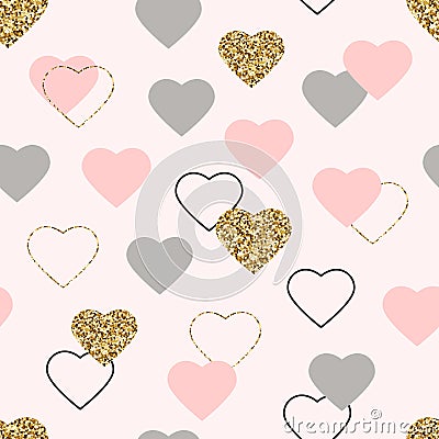 Heart glitter seamless pattern. Valentines Day background with glittering gold, pink, grey hearts. Golden hearts with sparkles and Vector Illustration