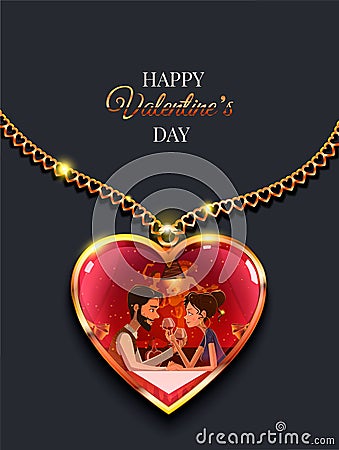 Heart of gold decoration. In the inside the illustration couple in love boy and girl Vector Illustration