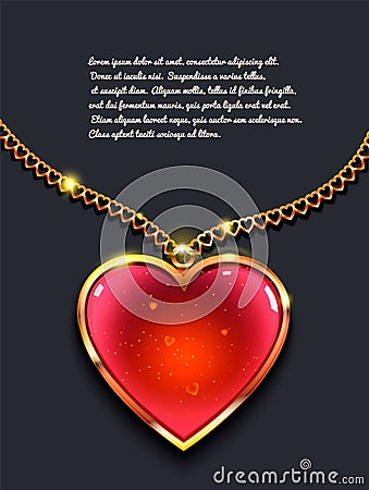 Heart on golden chain with light, design jewellery. Valentine`s day vector background Vector Illustration