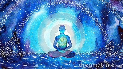 Heart green chakra human meditate mind mental health yoga spiritual healing meditation peace watercolor painting illustration Cartoon Illustration