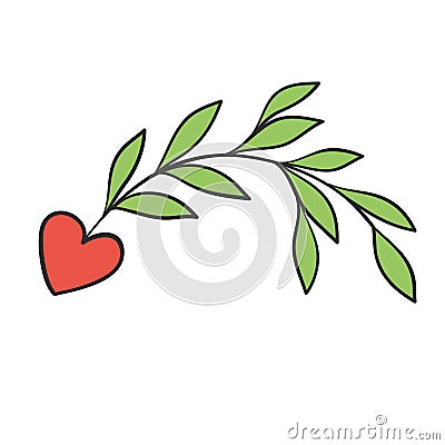 Heart with green leaves branch devider border for love valentine card design Vector Illustration