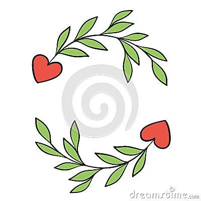 Heart with green leaves branch devider border for love valentine card design Vector Illustration