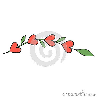 Heart with green leaves branch devider border for love valentine card design Vector Illustration