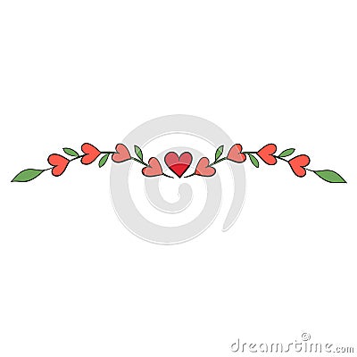 Heart with green leaves branch devider border for love valentine card design Vector Illustration